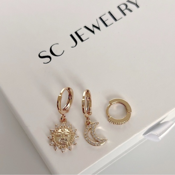 Hoop Earrings Trio Earrings Sun Moon Earrings 18k Gold Plated Jewelry - Picture 2 of 9
